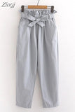 Spring Summer Bow Belt Solid Elastic High Waist Casual Harem Pants Korean Sweet Girls Ankle-Length Cotton Long