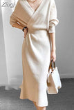 Winter Elegant Bodycon Sweater Dress Women V Neck Slim Knitted Pencil Long Dress Vestidos Robe