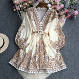 And Summer New French Retro Holiday Style V Neck Lantern Sleeves To Collect Long Print Small