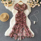 Retro Niche Design Drawstring Print V-Neck Dress Summer Women's Pocketed Fishtail Skirt