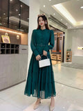 New V-Neck Single-Drenchee Chiffon French Retro Dress Thin A-Character Long Dress Women's Bubble