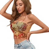 Women's Flower-Print Mesh Blouse Sexy Body Cross Hanging Neck Sling Vest