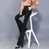 Elegant Women Flare Pants High Quality Elastic Korean Black Split Spring Lady Trousers Fashion High Waist Button Full