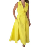 Zingj 2024 New V-Neck Sleeveless Solid Color Lapel Pleated Long Temperament Dress Female-Outfit