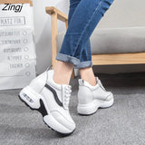 Women's Vulcanized shoes Autumn Leather Chunky Shoes Woman Platform Height Increased Sneakers 8CM Thick Sole Wedges sports