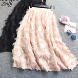 Tulle Midi Skirt Women Korean Fashion Feather Tassel Pleated Skirts Elegant A-Line Elastic Waist Chiffon Skirts Jupes