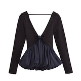 Women's New Flower Decoration V-Neck Black Long Sleeves Under The