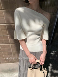 Xixi 2025 Autumn New White Standard Simple Temperament Collar Wool Solid Color Knitted Short-Sleeved Women's Top
