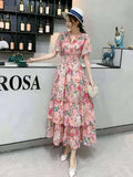 Short-Sleeved Chiffon Print Big Swing 100 Fold Design Dress A-Dress Loose Waist With Inner Lining Dress