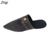 Design Slippers 2023 Spring New Pointed Deep Mouth Thick High-heeled Denim Outer Wear Baotou Slippers Shoes for