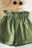 Summer Elegant High Waist Shorts Women Casual Solid Wide Leg Loose Cotton Short Pants With Belt Korean Sweet