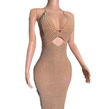 Elegant Fashion Show-Back V Sling Hanging Neck Sleeveless Hot-Slam Drill Long-Smmed Ass Dress Evening Dress Women's