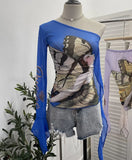 One-Shoulder Horn Long-Sleeved Mesh Yarn-Print T-Shirt With Short Tight Top