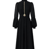 High-End Elegant Dress Spring New Fashion Metal Buckle Waist Thin Lantern Sleeve Chiffon Long