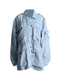Zingj 2024 New Fashion Multi-Pocket Design Sense Waist Show Thin Long Work Style Denim Coat
