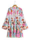 Women's V-Neck Printing Long-Sleeved Loose Dress