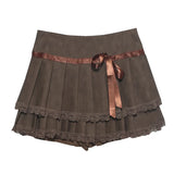 Vintage College Wind Bow Lace 100-Fold Short Skirt High Waist Anti-Walking Pu Skin Skirt