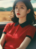 Splicing Bump Color Collar Knitting Shoulder Short-Sleeved T-Shirt Vertical Texture Thin Summer Women's Korean