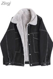 Women Lamb Wool Jean Jacket Korean Vintage Single Breasted Fleece Denim Coat 2023 Winter Fashion Casual Warm Thickened