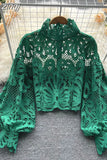 Lace Hollow Out Short Blouse Casual Lantern Long Sleeve Stand Collar Shirts Female Elegant Red/Pink/White Loose Tops