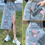 Flower Print Women's Long Denim Skirt Summer Harajuku High Waist Sexy Side Split Jeans Korean Streetwear Straight