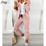 Autumn Casual Plaid Print Long Sleeve Blazer Coat & Drawstring Pants Set Two Pieces Suits Womens Elegant Ladies Tops