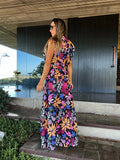New Ruffle Sleeveless Printed Skirt Ladies V Neck Elegant Long Dress Waist Slimming Temperament