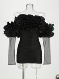 Women's New Flower Decoration Sexy Corset Dress Perspective Mesh Long-Sleeved Ass Skirt