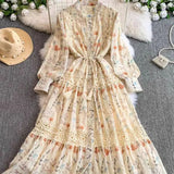 Retro Court Wind Hollow Lace Splicing Lantern Sleeve Collection Waist Single Buckle Print Dress 2025 Spring