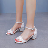 Cm Square Sandals Shallow Mouth With Coarse Sandals Horseshoes And White Lace Flowers Bride Wedding