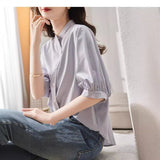 Summer New Five-Sleeve Casual Temperament Striped Shirt Women Short Sleeve Loose Thin Round Collar