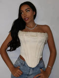 White Satin Pearl Tassel Corset Top-Outfit