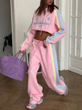 Wind Hit Striped Decorative Letters Embroidered Hoodie Casual Loose Trouser Set
