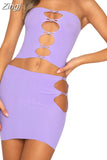 Women's Two Piece Outfit Suit Sleeveless Hollow Out Halter Backless Crop Top and High Waist Side Cutout Mini Skirt
