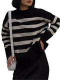 Autumn And Winter Women's Clothing Jacket Loose Round Collar Bump Color Knitted Striped Sweater