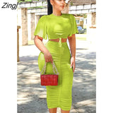 Spring Summer Women Sexy Solid Bodycon Midi Skirt Set Slim Fit Outfits Crop Tops 2 Two Piece Matching Set
