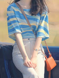 Korean Chic Oceanous Special To Beautiful Blouse Loose And Thin Blue Striped