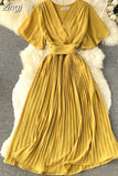 Women Purple/Red/Green Bandage Pleated Midi Dress Female Vintage V-Neck Short Sleeve High Waist A-Line Draped