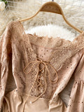 Women Sexy Hollow Out Lace Playsuits Khaki V-Neck Bandage Romper Elegant Puff Long Sleeve High Waist Embroidered Jumpsuits