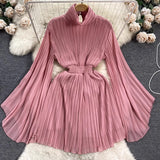 Zingj Of Pleated Horn Sleeve High Collar Dress Female Spring And Summer French Light Luxury Minority Design Sense Of Waist Chiffon