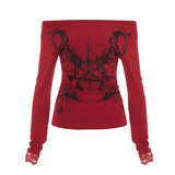 Personality Hottie Style Shoulder Dark Print T-Shirt Lace Side Long Sleeves To Dress Casual