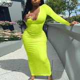 Women Fashion Spring Autumn Ribbed Knitted Dress Solid Color U-shaped Collar Long Sleeve Long Dress