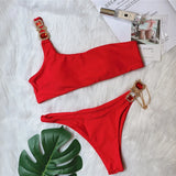 Zingj New Swimsuit Luxury Crystal Diamond Chain Female Split Swimsuit Plain Color One Shoulder Sexy