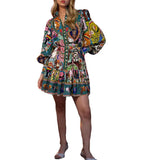 Women's Printed Round-Neck Belt Folded Lotus Leaf Side Retro Folded