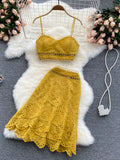 Bohemian Hollow Out 2pcs Set Women Sexy V-Neck Spaghetti Strap Short Tops + High Waist Ruffle Mini Skirt Female Suit