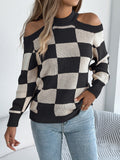 Shooting Autumn And Winter New Casual Shoulder Bump Color Lattice Lantern Long-Sleeved Sweater Women's