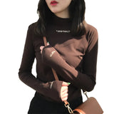 Zingj Spring 2024 Half Turtleneck Jacket Bottom Shirt Women's Letters Embroidered Slim Students Solid Color And Velvet Long Sleeve T-Shirt