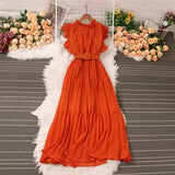 Sense Of Light Luxury Temperament Flying Sleeve Round Recipient Waist Thin A Word 100-Fold Dress Elegant Swing Long
