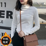 Zingj Spring 2024 Half Turtleneck Jacket Bottom Shirt Women's Letters Embroidered Slim Students Solid Color And Velvet Long Sleeve T-Shirt