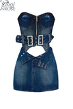Women's Summer Denim Two Piece Set Suit Zipper Short Sleeve Strapless Crop Top Mini Skirt Shorts Y2k Vintage Streetwear